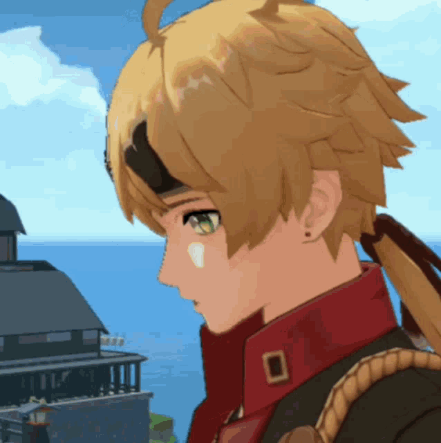 a cartoon character with blonde hair and green eyes is standing in front of a body of water