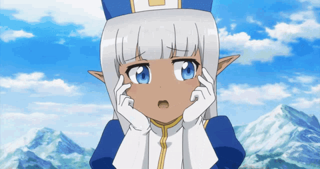 a girl with white hair and blue eyes is wearing a blue hat