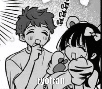 a black and white drawing of a boy and a girl with the words `` ryofran '' written on it .