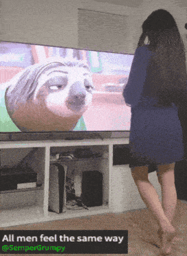 a woman stands in front of a tv with a picture of a sloth on it and the caption " all men feel the same way "