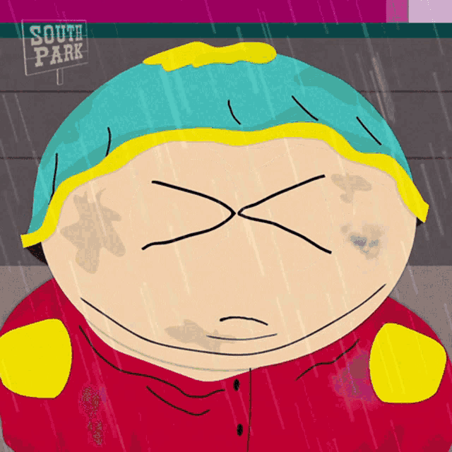 a cartoon character from south park with his eyes closed in the rain