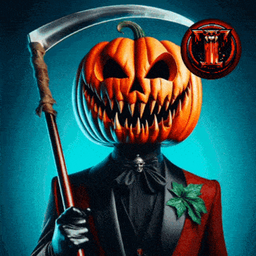 a grim reaper with a pumpkin for a head holding a scythe