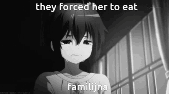 a girl is crying with the words they forced her to eat