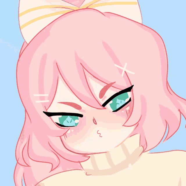 a girl with pink hair and green eyes is wearing a white sweater