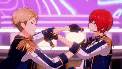 a couple of anime characters standing next to each other with a microphone in their hands