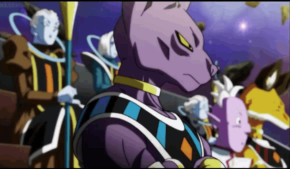 a purple cat with a yellow eye is standing in front of a group of people