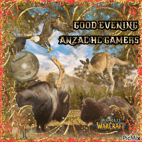 a picture of a kangaroo and an eagle with the words good evening anzache gamers on it