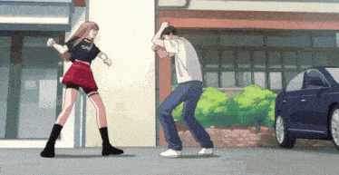 a man and a woman are dancing in front of a building and a car