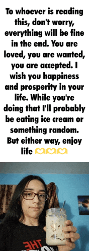 a man with long hair is holding a jar of ice cream with a straw in it
