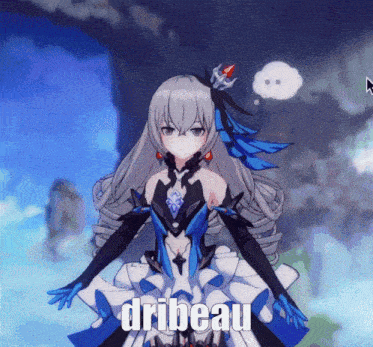 a girl in a blue and white dress with the word dribeau written on it