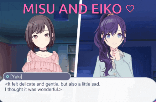 a screenshot of a video game with the words misu and eiko at the top