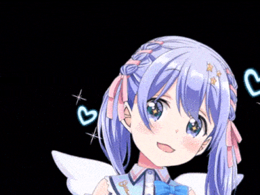 a girl with blue hair and white wings is surrounded by hearts and stars