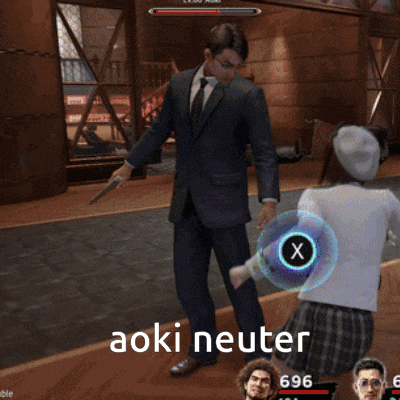 a man in a suit and tie is holding a sword in a video game with aoki neuter written on the bottom