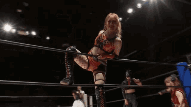 a woman in a wrestling ring holds a megaphone in her hand