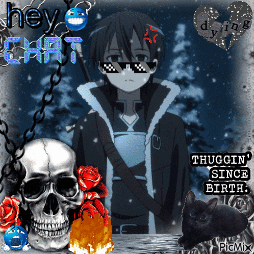 a picture of a boy with a skull and a black cat with the words " thuggin since birth "