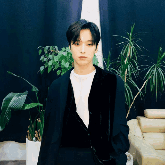 a young man wearing a black jacket and white shirt stands in front of a plant