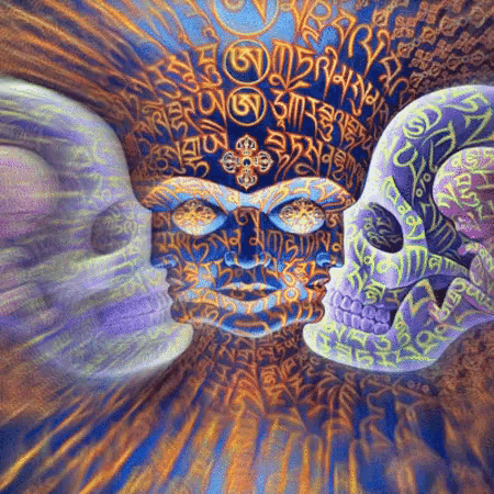 a colorful painting of a face and two skulls with the letters gm on it