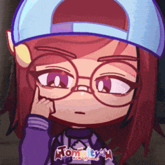 a cartoon girl wearing glasses and a baseball cap with the word atomcity on the bottom