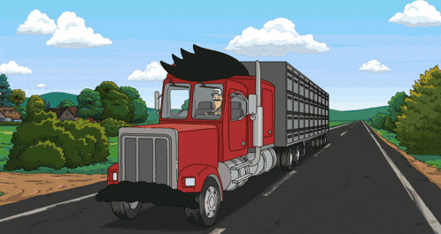 a cartoon drawing of a red semi truck driving down the road