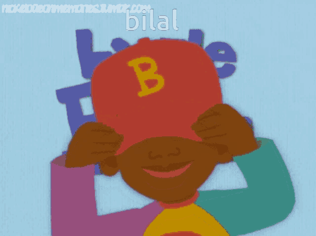a cartoon of a boy wearing a red hat with the letter b on it
