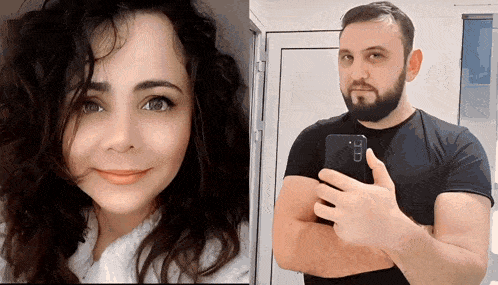a man with a beard is taking a selfie next to a woman with curly hair