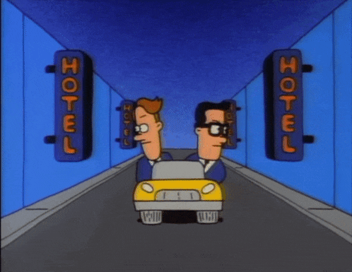 two cartoon characters are driving a car in a hotel tunnel