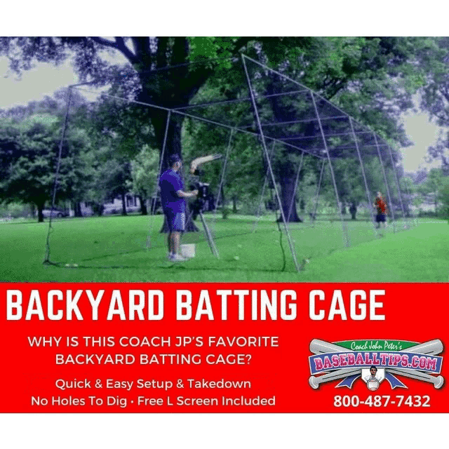 an ad for a backyard batting cage with a man holding a camera