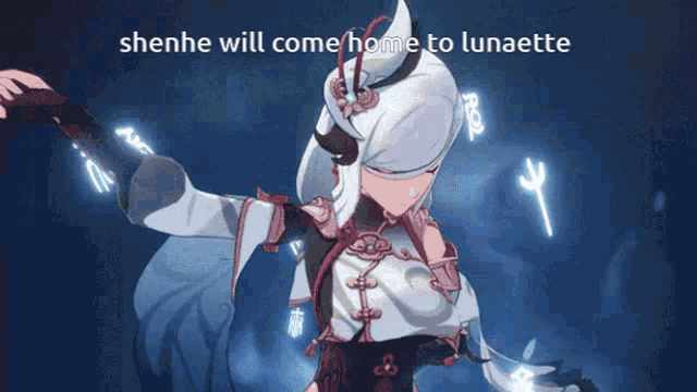 a cartoon character with the words " shenhe will come home to lunaette "