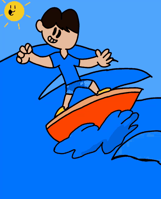 a cartoon boy is riding a wave on a surfboard