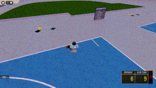 a basketball game is being played on a blue court with the score 6 to 9