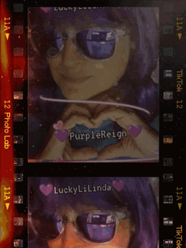 a woman with purple hair and sunglasses is making a heart with her hands