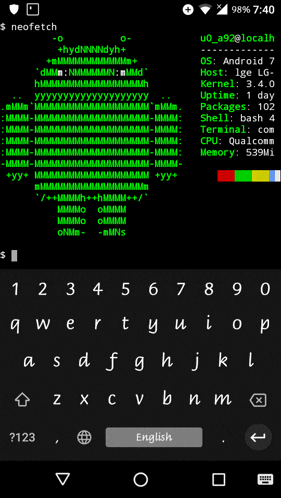 a screenshot of a phone with the word neofetch on the top left