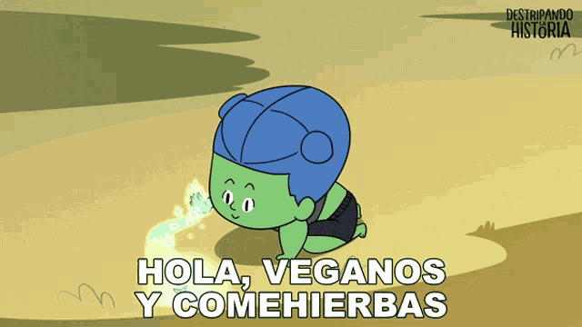 a cartoon character with the words hola veganos y comehierbas