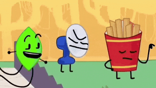 a group of cartoon characters are standing next to each other . one of the characters is a bucket of french fries .