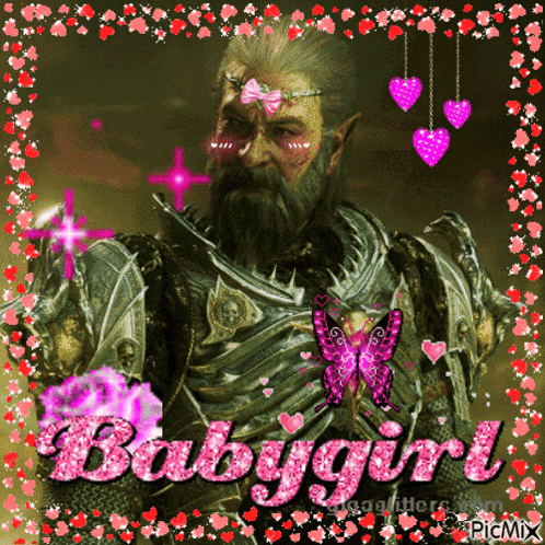 a picture of a man with a beard and a bow on his forehead that says baby girl