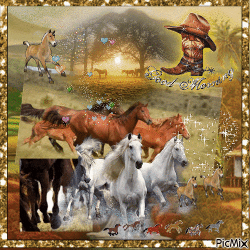 a picture of a herd of horses with the words good morning