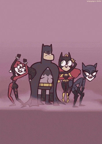 a cartoon of batman harley quinn robin and catwoman