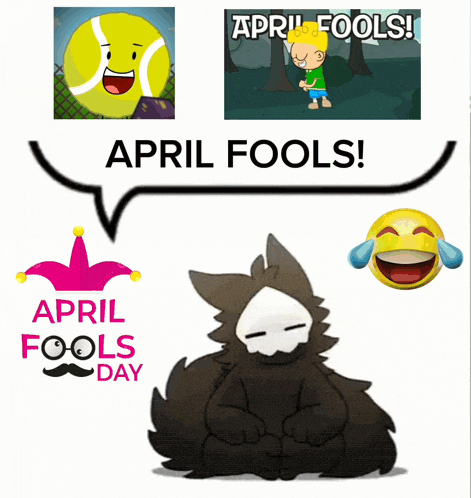 a poster for april fools day with cartoon characters and a speech bubble