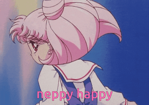 a girl with pink hair and the words " neppy happy " behind her