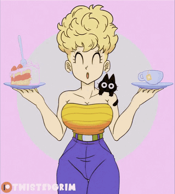 a drawing of a girl holding a cake and a cup of tea