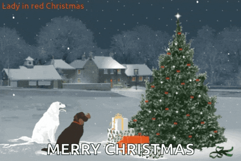 a lady in red christmas greeting card with a christmas tree and two dogs