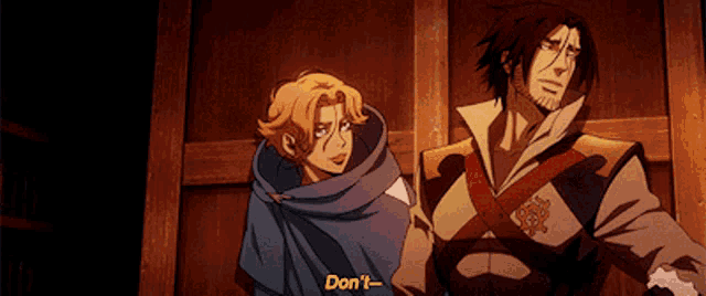 a man and a woman are standing next to each other and the man says " don 't "