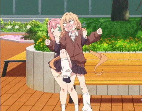 two anime girls are standing next to each other on a wooden deck