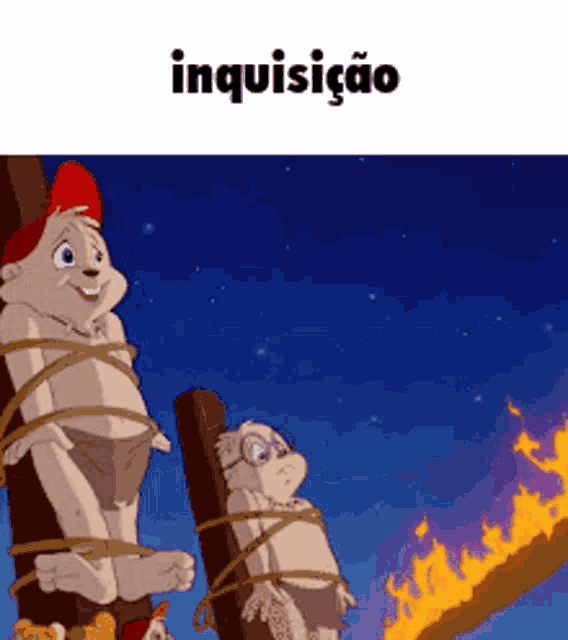 a cartoon of two squirrels tied to a wooden post with the word inquisicao above them