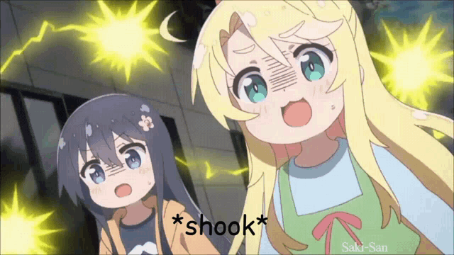 two anime girls are standing next to each other and the words * shook * are on the bottom