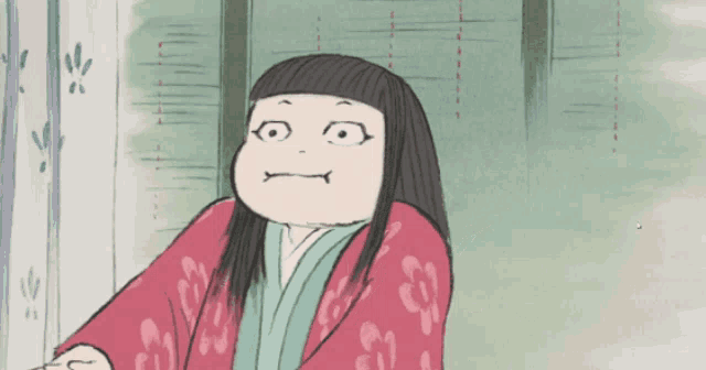 a cartoon drawing of a girl in a pink kimono