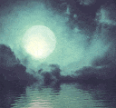 a full moon is shining over a body of water at night .
