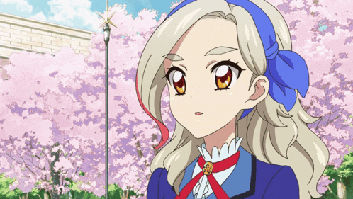 a girl with blonde hair and a blue headband stands in front of a cherry blossom tree