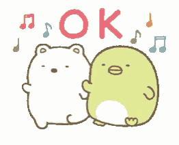 a white bear and a green penguin are standing next to each other with a sign that says ok .