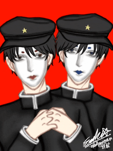 a drawing of two boys with white faces and a star on their hat